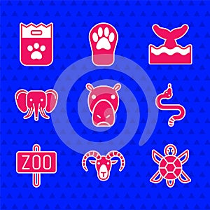 Set Hippo or Hippopotamus, Head of goat ram, Turtle, Snake, Zoo park, Elephant, Whale tail in ocean wave and Bag food