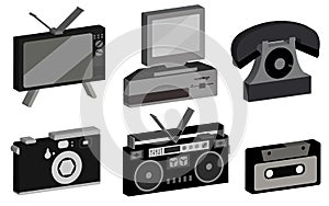 A set of hipster, antique, old, antique, camera, personal computer, audio tape recorder, audio cassette, disk phone, TV from the 8