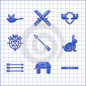 Set Hipster arrow, Hunter hat, Trap hunting, Rabbit, arrows, on deer with crosshairs, Moose horns shield and Flying duck