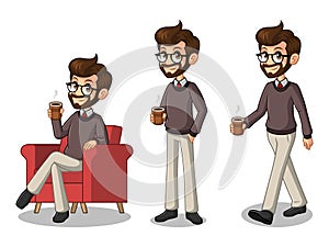 Set of hipster businessman making a break with drinking a coffee