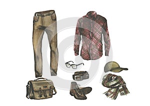 Set of hipster designer clothes, shoes and bag for man. Casual outfit watercolor illustration.