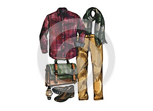 Set of hipster designer clothes, shoes and bag for man. Casual outfit watercolor illustration.