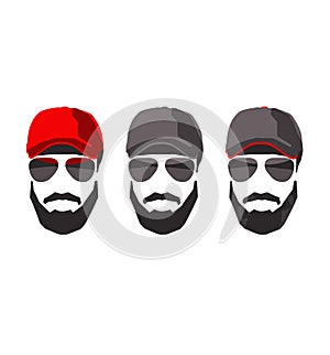 Set of hipster man bearded face in sunglasses and with cap. Silhouette, logo, avatar, head, emblem, icon, label, vector