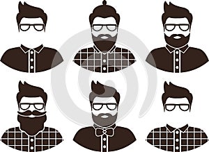 Set of hipster man silhouette, flat icon - a man with glasses, mustache and beard, wearing an in a plaid shirt and bow tie.