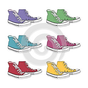 Set of hipster sneakers with purple, green, blue, pink, red and yellow color. Vector