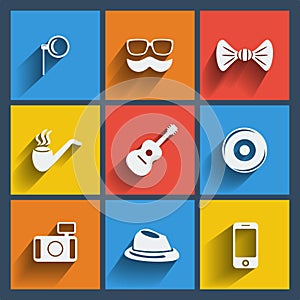 Set of 9 hipster web and mobile icons. Vector.