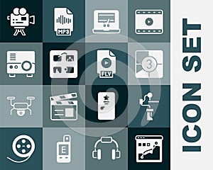 Set Histogram graph photography, Gimbal stabilizer for camera, Old film movie countdown frame, Video recorder on laptop