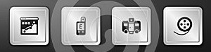 Set Histogram graph photography, Light meter, Actor trailer and Film reel icon. Silver square button. Vector