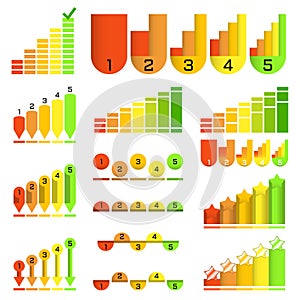 Set of histograms in different unusual style: arrow, pointer, column, ball. Template infographics elements. Vector