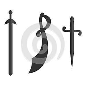Set of historical swords saber silhouettes. Illustration with vector slashing weapons. Cavalry sword, sabre on a white