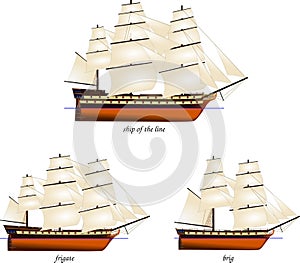 Set of historical wooden sailing warships