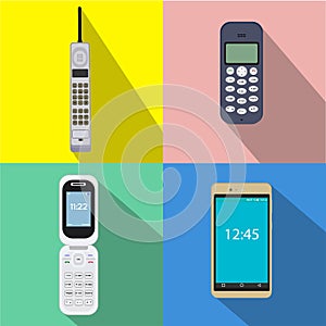 Set of history cell phones. Vector illustration of the mobile devices. Flat style design with long shadow.