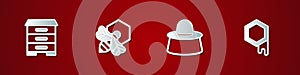 Set Hive for bees, Bee and honeycomb, Beekeeper with protect hat and Honeycomb icon. Vector