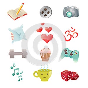 Set of hobby icons showing pastime activities