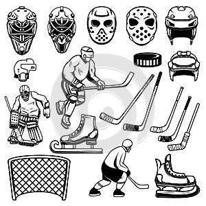Set of hockey design elements. Players, goalkeeper, hockey sticks, ice skates. For logo, label, emblem, sign