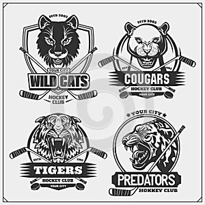 Set of hockey emblems, badges, logos and labels with tiger, cougar and wildcat. Print design for t-shirt.