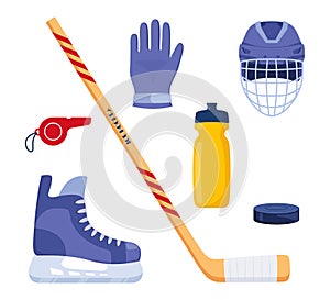 Set of hockey equipment. Helmet, gloves, stick, puck, skates, whistle, water bottle. Vector illustration