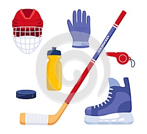 Set of hockey equipment. Helmet, gloves, stick, puck, skates, whistle, water bottle. Vector illustration