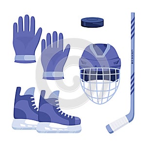 Set of hockey equipment. Helmet, gloves, stick, puck, skates, whistle, water bottle. Vector illustration