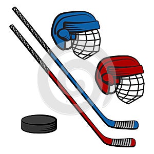 A set of hockey gear for two teams. Sticks, helmets and puck. Vector cartoon illustration