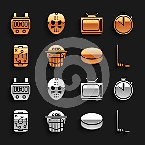 Set Hockey helmet, Stopwatch, Ice hockey stick and puck, Planning strategy, Retro tv, and mask icon. Vector