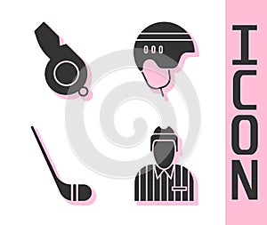 Set Hockey judge, referee, arbiter, Whistle, Ice hockey stick and Hockey helmet icon. Vector photo