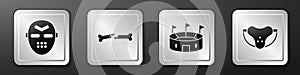 Set Hockey mask, Human broken bone, Hockey stadium and Protective sport jockstrap icon. Silver square button. Vector photo