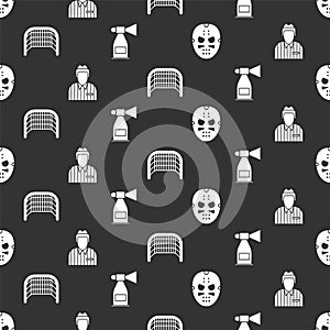 Set Hockey mask, Hockey judge, referee, arbiter, Ice hockey goal and Air horn on seamless pattern. Vector photo