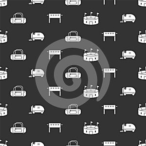 Set Hockey stadium, Ice resurfacer, Sport bag and Hockey table on seamless pattern. Vector