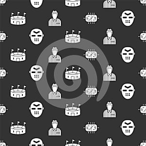 Set Hockey table, Hockey mask, Hockey stadium and Hockey judge, referee, arbiter on seamless pattern. Vector