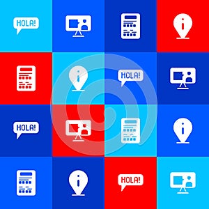 Set Hola in different languages, Foreign online study, Exam sheet and Information icon. Vector
