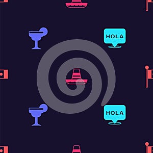 Set Hola, Margarita cocktail, Mexican sombrero and Mexico flag on seamless pattern. Vector