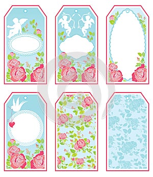 Set of holiday banners and labels in pink and blue colors with w