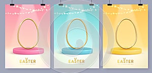 Set of Holiday Easter showcase backgrounds with 3d podium, metal golden eggs and string of light.