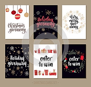 Set Holiday giveaway cards with handwritten lettering and decorative Christmas and Happy New Year elements.