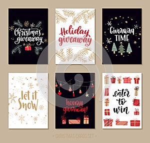 Set Holiday giveaway cards with handwritten lettering and decorative Christmas and Happy New Year elements.