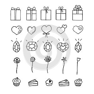 Set of holiday greetings and gifts icons, gift boxes, hearts, crystals, flowers and cakes, vector doodle illustration