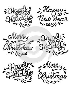 Set of holiday lettering with ornaments. Happy Holidays, Merry Christmas, Happy New Year. Templates vector