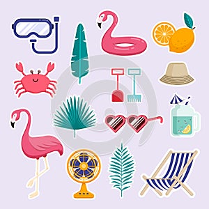 Set of Holiday Summer Beach Elements. Flat Design Illustration.