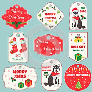 Set of holiday tags and badges with New Year and Christmas decoration. Perfect for the year of dog 2018