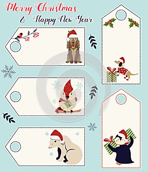 Set of holiday tags with different cute animals
