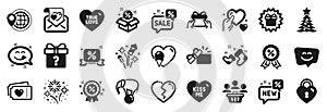 Set of Holidays icons, such as Love lock, Christmas tree, Hold heart. Vector