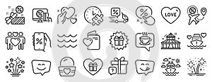 Set of Holidays icons, such as Puzzle time, Honeymoon cruise, Love couple. Vector