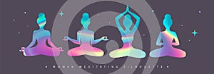 Set of holographic meditating woman silhouettes.