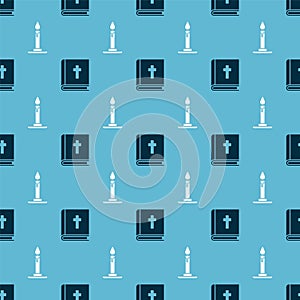 Set Holy bible book and Burning candle in candlestick on seamless pattern. Vector