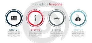 Set Holy bible book, Burning candle, Hearse car and Church building. Business infographic template. Vector