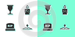Set Holy bible book, Christian chalice, Tombstone with RIP written and Burning candle icon. Vector