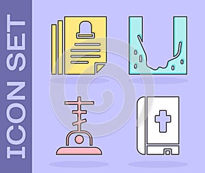 Set Holy bible book, Death certificate, Grave with cross and Cemetery digged grave hole icon. Vector