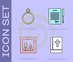 Set Holy bible book, Diamond engagement ring, Family photo and Marriage contract icon. Vector