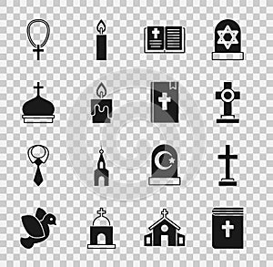 Set Holy bible book, Grave with cross, Burning candle, Church tower, Christian on chain and icon. Vector